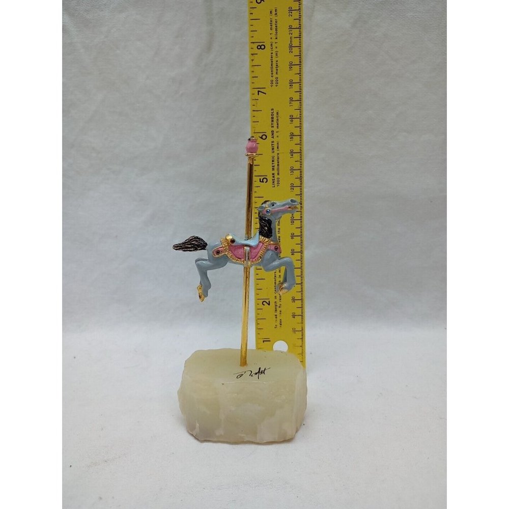 DeMott Carousel Horse White Enamel Metal Rhinestones Quartz Stone Base 5.75”
